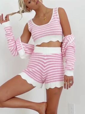 Yellow the label- scalloped Pink & White Knit Three-Piece Set
